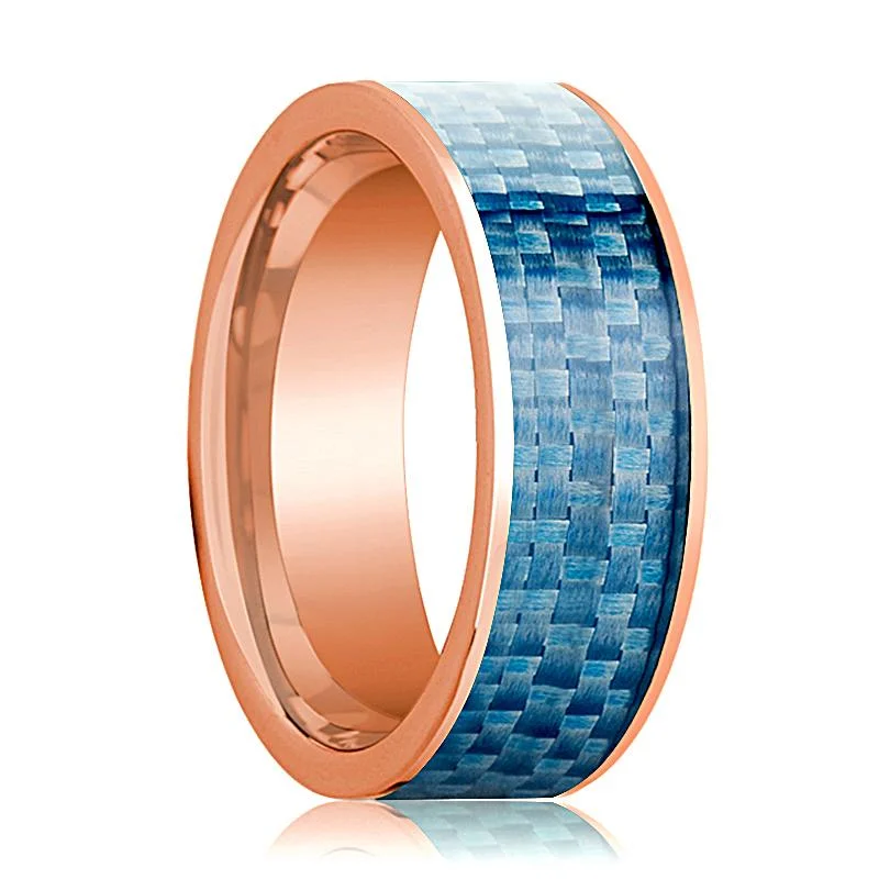 Women’s men’s engagement ring-Blue Carbon Fiber Inlaid Flat Polished 14k Rose Gold Wedding Ring for Men - 8MM