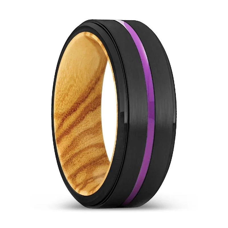 Women’s platinum engagement ring-GERALDTON | Olive Wood, Black Tungsten Ring, Purple Groove, Stepped Edge