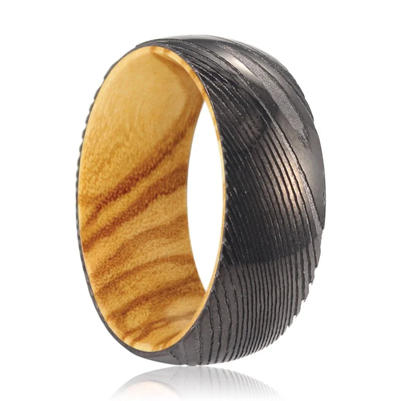 Women’s trendy gold rings-FOXTAIL | Olive Wood, Gunmetal Damascus Steel Ring, Domed