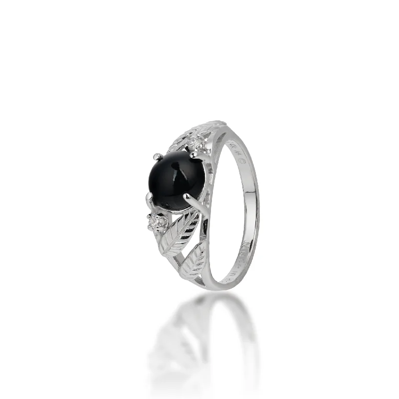 Women’s three-stone engagement rings-Maile Black Coral Ring in White Gold with Diamonds - 7mm