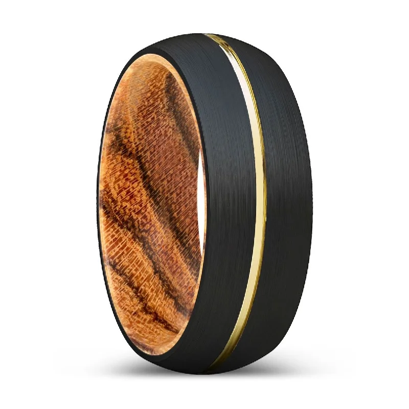 Women’s wedding ring with gemstones-RYDER | Bocote Wood, Black Tungsten Ring, Gold Groove, Domed