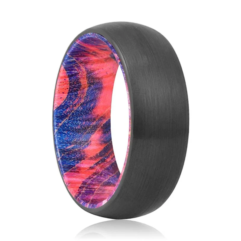 Women’s wedding band for her-FORCE | Blue & Red Wood, Black Tungsten Ring, Brushed, Domed