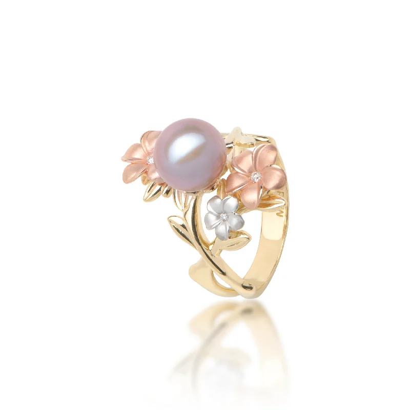 Women’s square engagement rings-Pearls in Bloom Plumeria Lavender Freshwater Pearl Ring in Tri Color Gold with Diamonds - 22mm