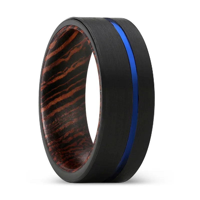 Women’s black diamond ring-ALCEO | Wenge Wood, Black Tungsten Ring, Blue Offset Groove, Flat