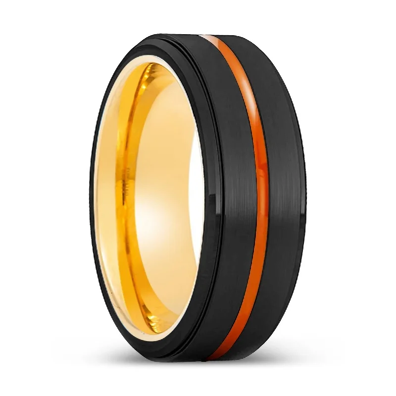 Women’s luxury diamond engagement ring-AURORA | Gold Ring, Black Tungsten Ring, Orange Groove, Stepped Edge