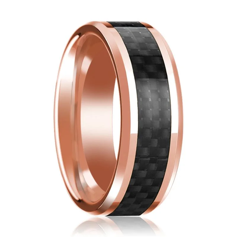 Women’s vintage gold ring-Men's 14k Rose Gold Polished Wedding Band with Black Carbon Fiber Inlay & Beveled Edges - 8MM