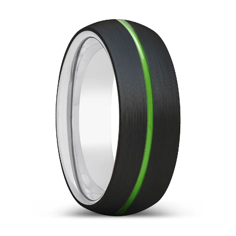 Women’s diamond ring with engraved band-ELEMENCE | Silver Ring, Black Tungsten Ring, Green Groove, Domed