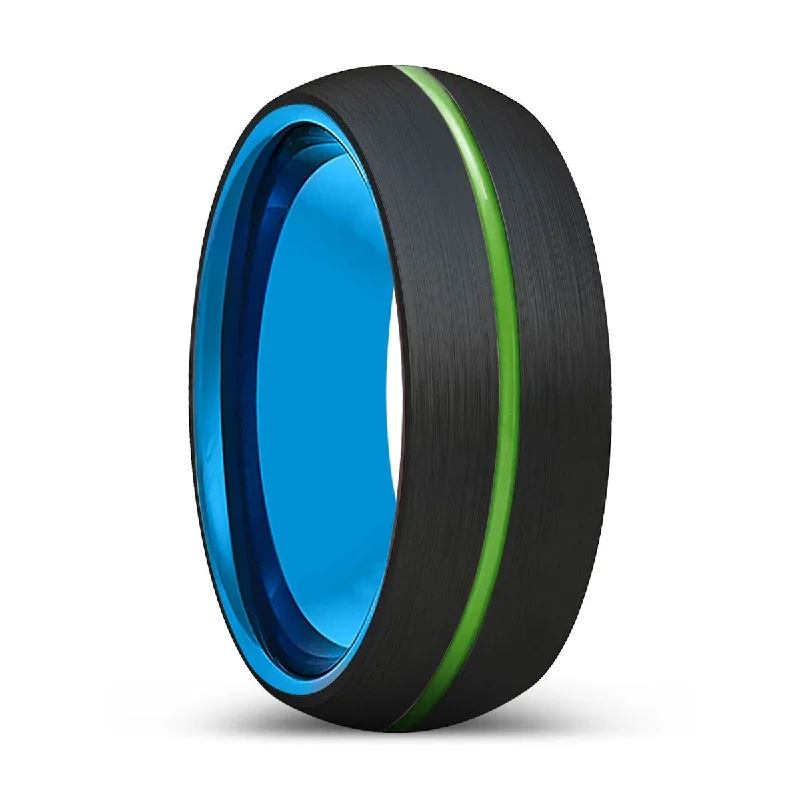 Women’s diamond ring with side stones-WELLINGTON | Blue Tungsten Ring, Black Tungsten Ring, Green Groove, Domed