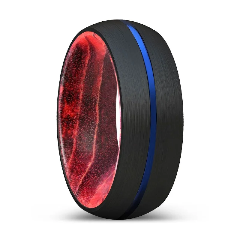 Women’s vintage engagement rings with a twist-TRYSTAN | Black & Red Wood, Black Tungsten Ring, Blue Groove, Domed