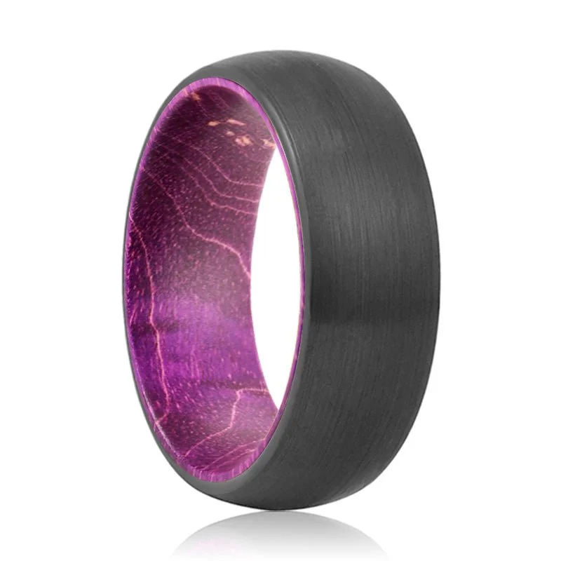 Women’s engagement ring with diamond-JAMANI | Purple Wood, Black Tungsten Ring, Brushed, Domed