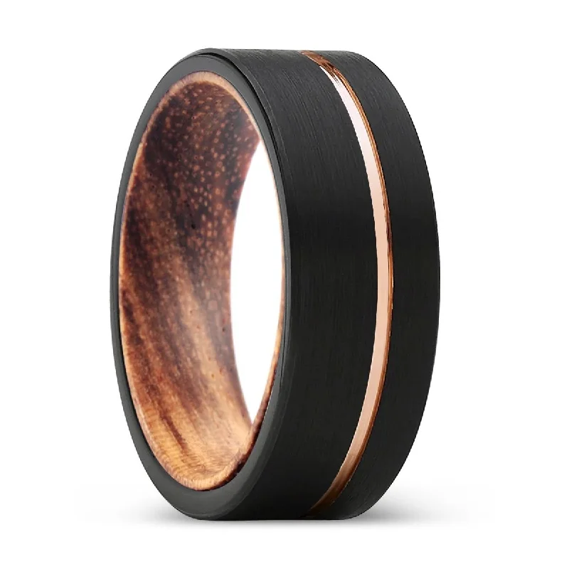 Women’s eco-friendly engagement ring-LUCID | Zebra Wood, Black Tungsten Ring, Rose Gold Offset Groove, Brushed, Flat