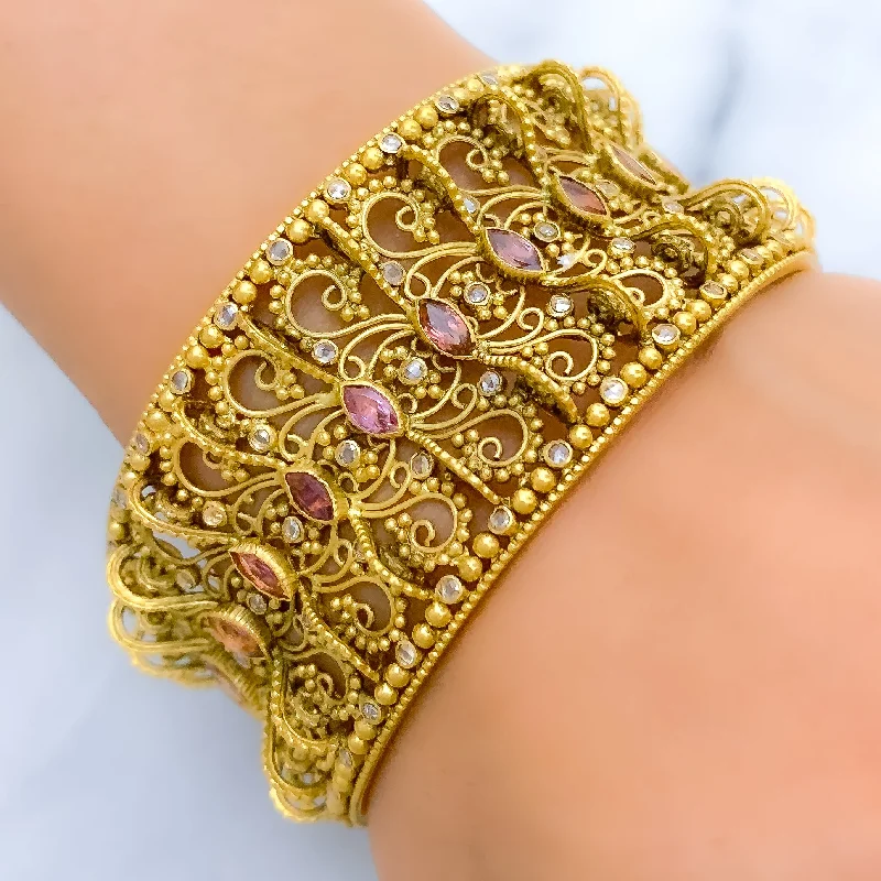 Women’s adjustable charm bracelet-Majestic Bold Jali 22k Gold Bangle w/ Tourmaline