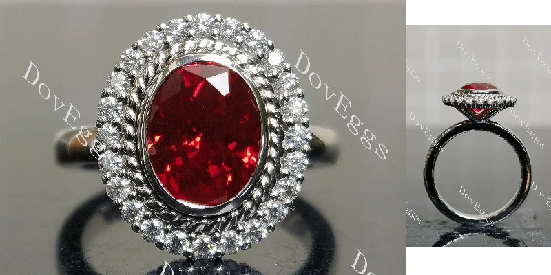 Women’s vintage style engagement rings-Doveggs oval bezel halo colored gem engagement ring