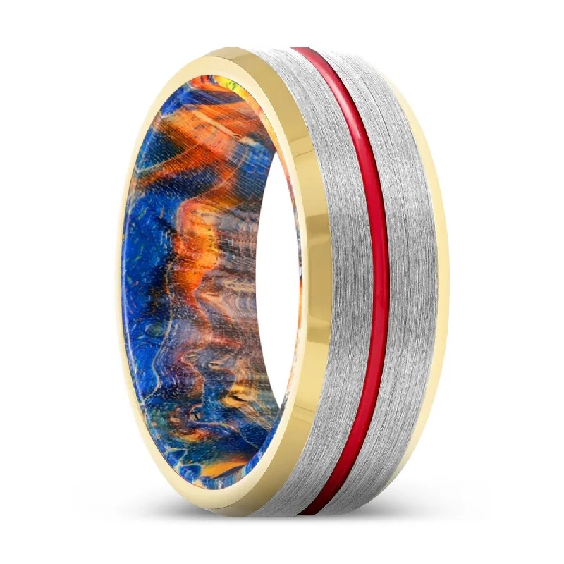 Women’s elegant wedding ring-VINCENT | Blue & Yellow/Orange Wood, Silver Tungsten Ring, Red Groove, Gold Beveled Edge