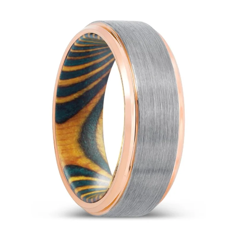 Women’s modern engagement ring-JAVELIN | Green & Yellow Wood, Silver Tungsten Ring, Brushed, Rose Gold Stepped Edge