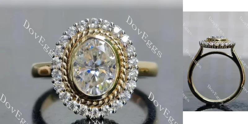 Women’s cushion cut engagement rings-Doveggs oval bezel halo moissanite engagement ring