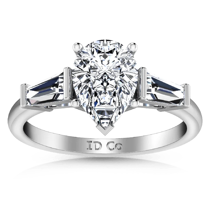 Women’s radiant-cut diamond engagement rings-Three Stone Pear Diamond Engagement Ring Tapered Baguette 14K White Gold