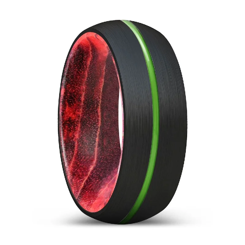 Women’s sapphire engagement ring-WAYDE | Black & Red Wood, Black Tungsten Ring, Green Groove, Domed