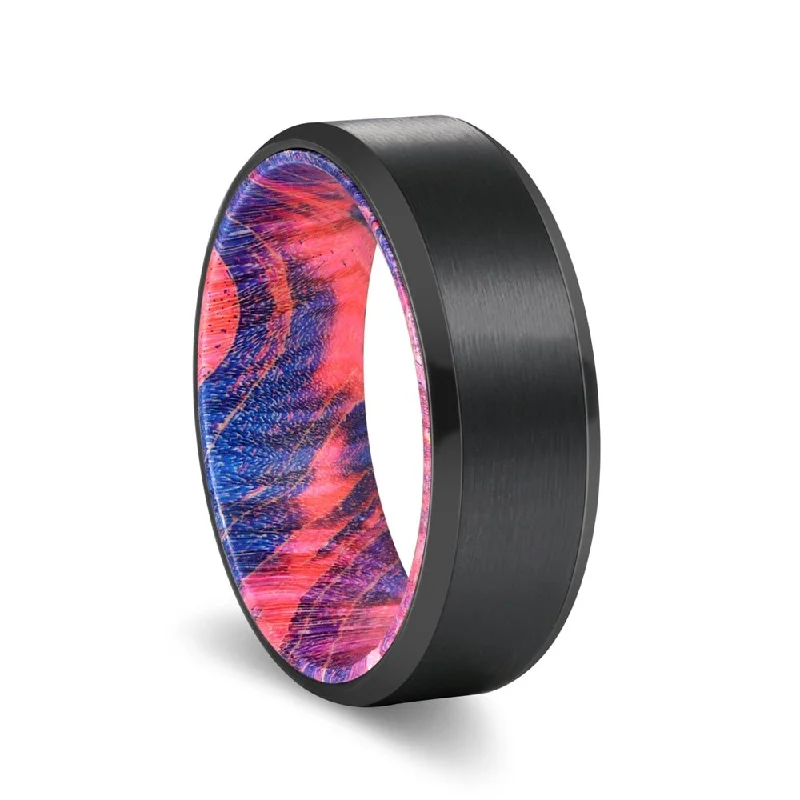 Women’s diamond ring with side stones-FLAME | Blue and Red Wood, Black Tungsten Ring, Brushed, Beveled