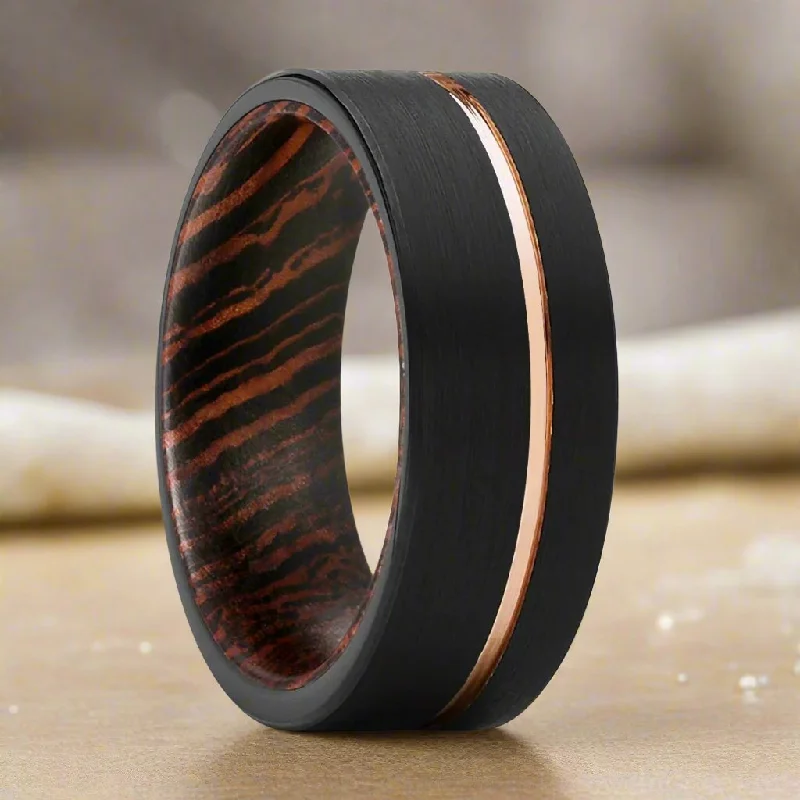 Women’s silver wedding ring-AEON | Wenge Wood, Black Tungsten Ring, Rose Gold Offset Groove, Brushed, Flat