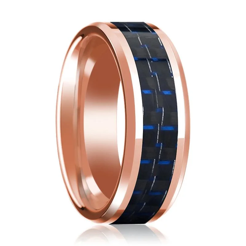 Women’s platinum ring-Men's 14k Rose Gold Polished Wedding Band with Blue & Black Carbon Fiber Inlay & Bevels - 8MM