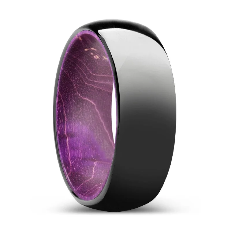 Women’s oval diamond engagement ring-NATURELLE | Purple Wood, Black Tungsten Ring, Shiny, Domed