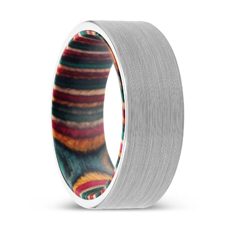 Women’s simple wedding band-MAHONEY | Multi Color Wood, White Tungsten Ring, Brushed, Flat