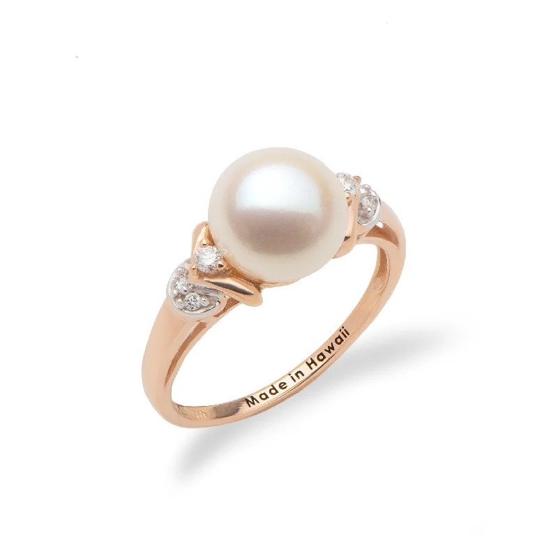 Women’s cushion cut engagement rings-Freshwater White Pearl Ring in Rose Gold with Diamonds - 8-9mm