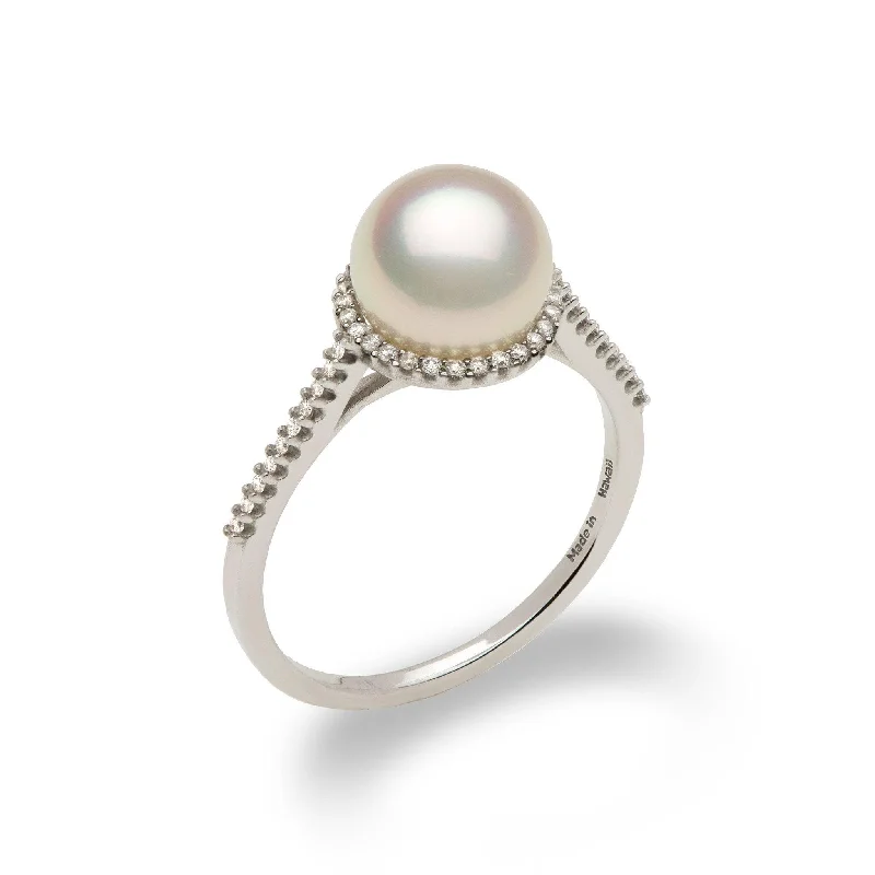 Women’s engagement rings for women-Halo Akoya White Pearl Ring in White Gold with Diamonds - 8mm