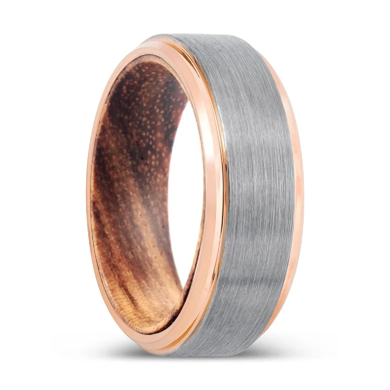 Women’s solitaire wedding ring-SKELT | Zebra Wood, Silver Tungsten Ring, Brushed, Rose Gold Stepped Edge