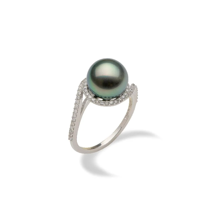 Women’s radiant-cut diamond engagement rings-Tahitian Black Pearl Ring in White Gold with Diamonds - 9-10mm