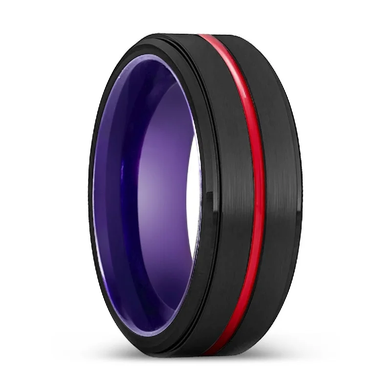 Women’s eco-friendly engagement ring-PUREBORN | Purple Ring, Black Tungsten Ring, Red Groove, Stepped Edge