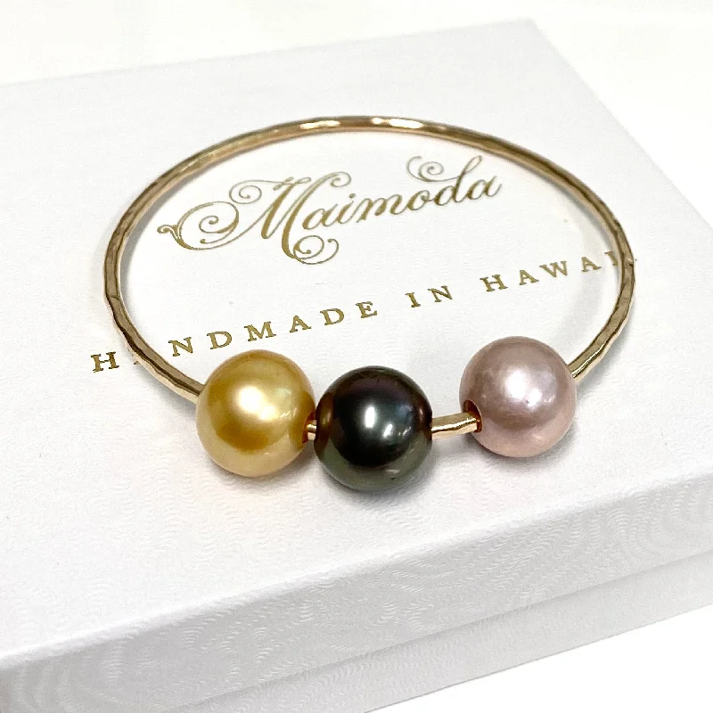 Women’s charm bracelet-Bangle PAIGE - 11-12mm gold south sea , pink Edison and Tahitian pearl (B460)