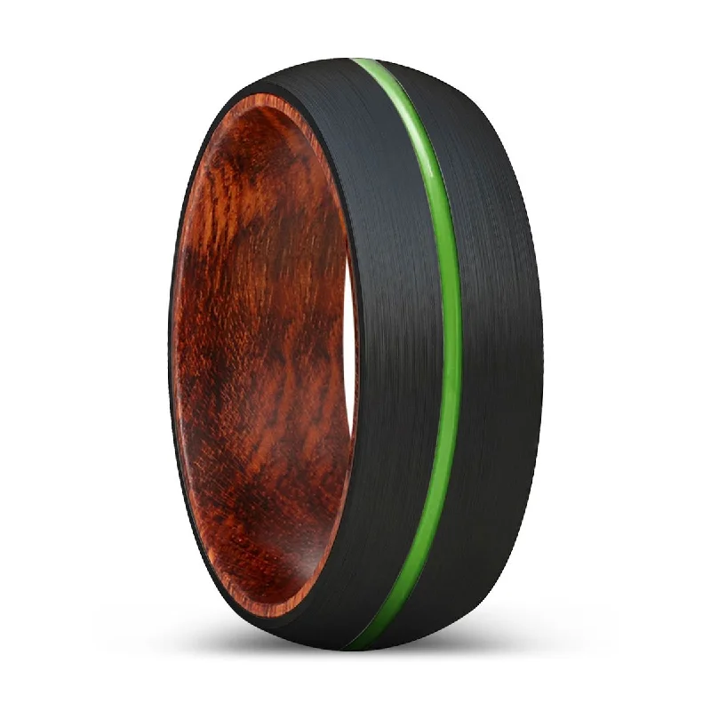 Women’s unique promise ring-ZIGGY | Snake Wood, Black Tungsten Ring, Green Groove, Domed