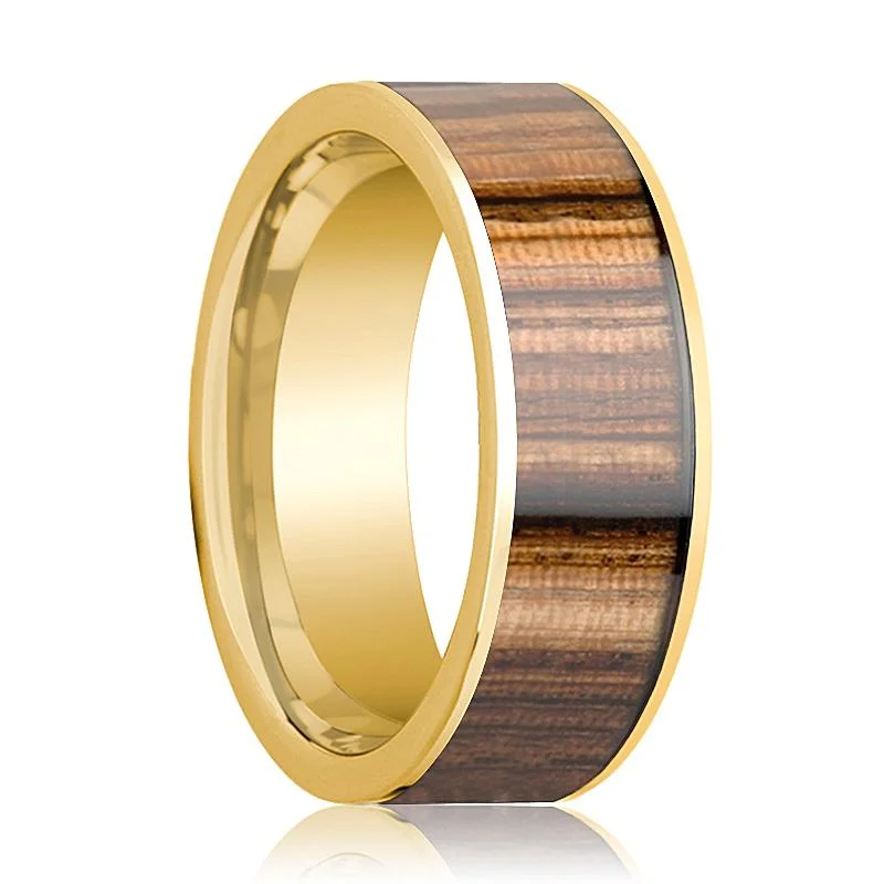 Women’s black diamond ring-Zebra Wood Inlaid Men's 14k Yellow Gold Flat Wedding Band Polished Finish - 8MM