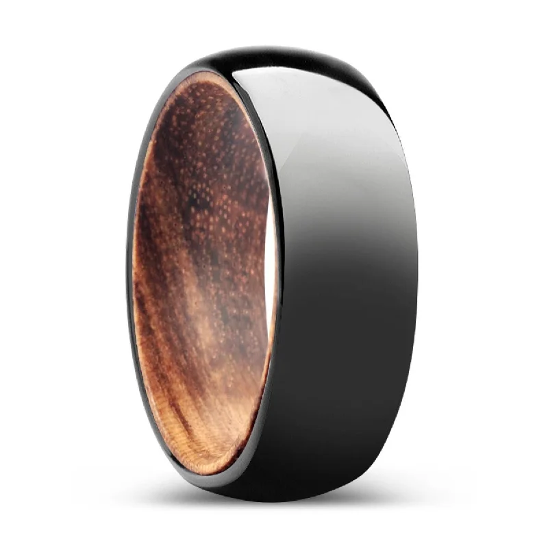 Women’s wedding ring with halo-SILVAN | Zebra Wood, Black Tungsten Ring, Shiny, Domed