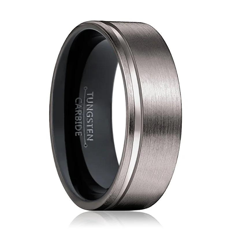 Women’s elegant wedding ring-MAMBA | Black Ring, Gunmetal Tungsten Offset Groove