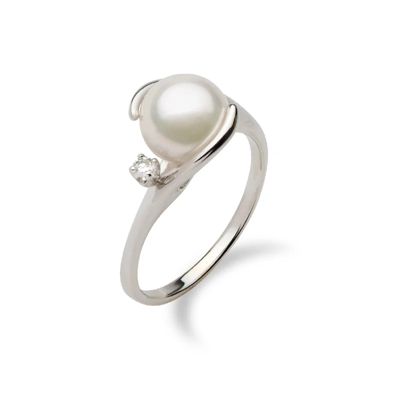 Women’s emerald cut engagement rings-Akoya White Pearl Ring in White Gold with Diamond - 8mm