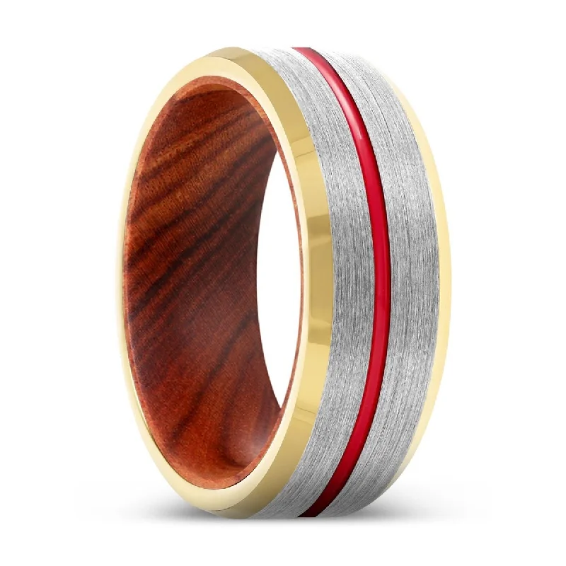 Women’s trendy gemstone ring-FLUX | Iron Wood, Silver Tungsten Ring, Red Groove, Gold Beveled Edge