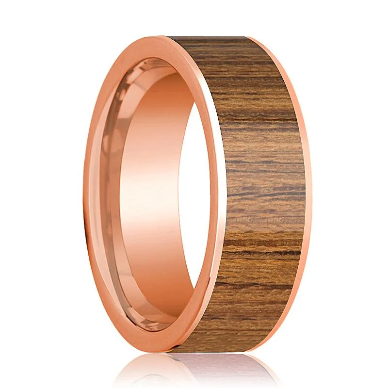 Women’s personalized wedding ring-Men's 14k Rose Gold Flat Wedding Band with Teak Wood Inlay Polished Finish - 8MM