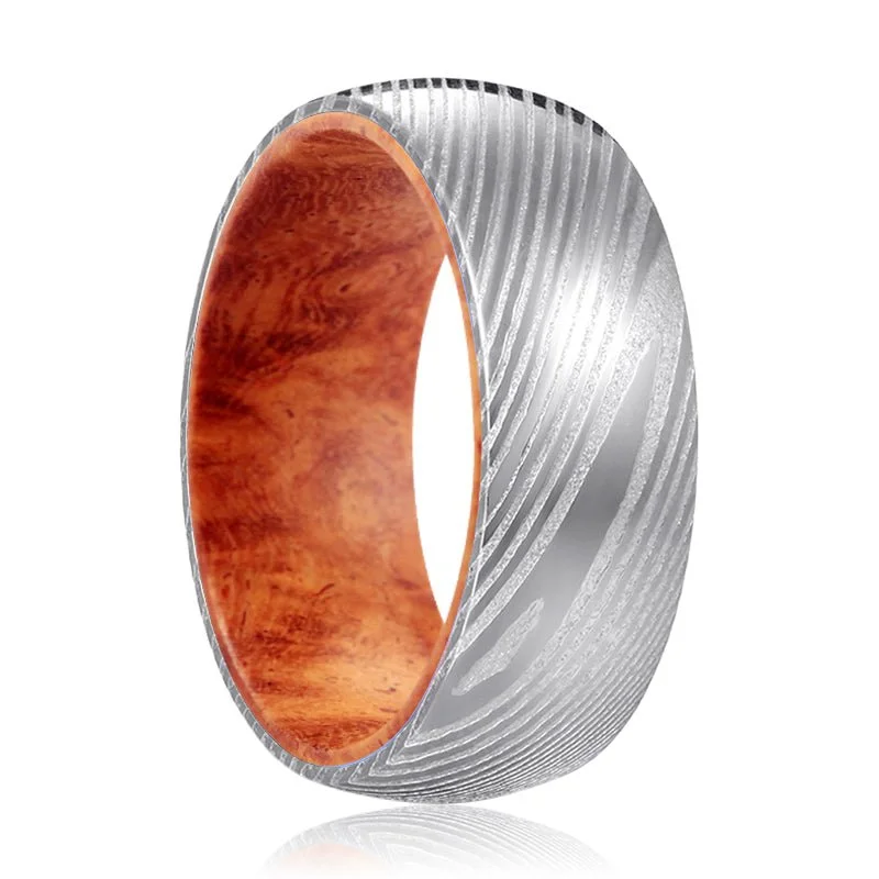 Women’s romantic engagement ring-ROJO | Red Burl Wood, Silver Damascus Steel, Domed