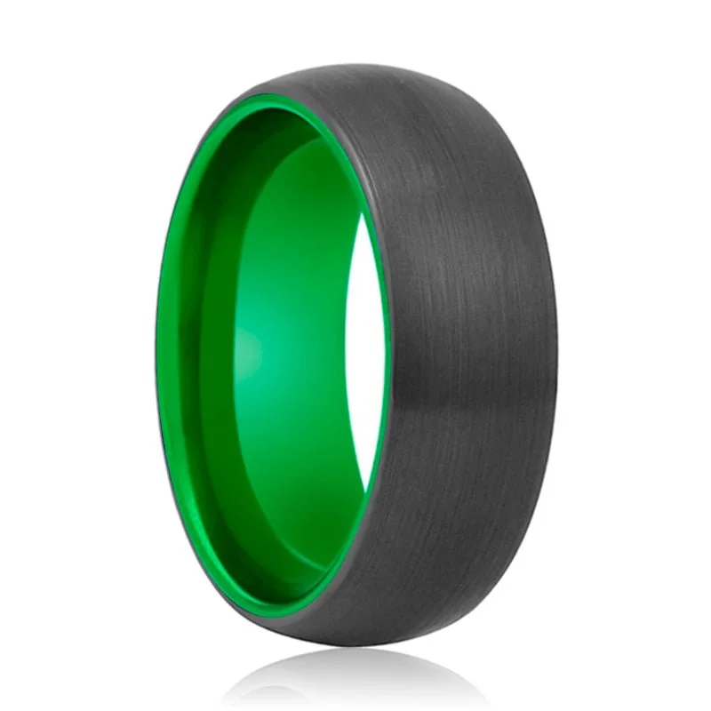 Women’s trendy platinum rings-LAMBO | Green Ring, Black Tungsten Ring, Brushed, Domed