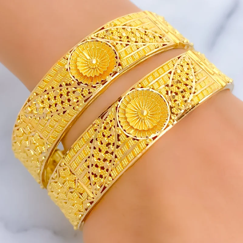 Women’s gold-plated charm bracelet-Unique Embossed 3D Flower 22k Gold Bangle Pair