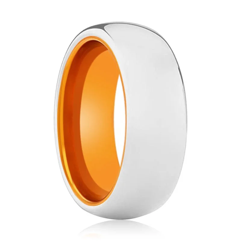 Women’s simple wedding band-AUTUMNAL | Orange Ring, Silver Tungsten Ring, Shiny, Domed