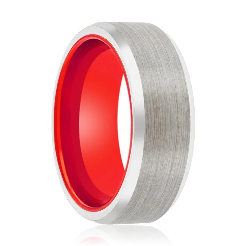 Women’s large gold ring-SPARK | Red Ring, Silver Tungsten Ring, Brushed, Beveled