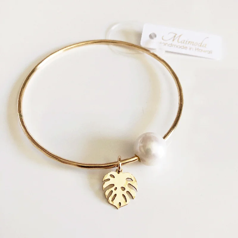 Women’s tennis bangle-Monstera bangle - white pearl (B410)