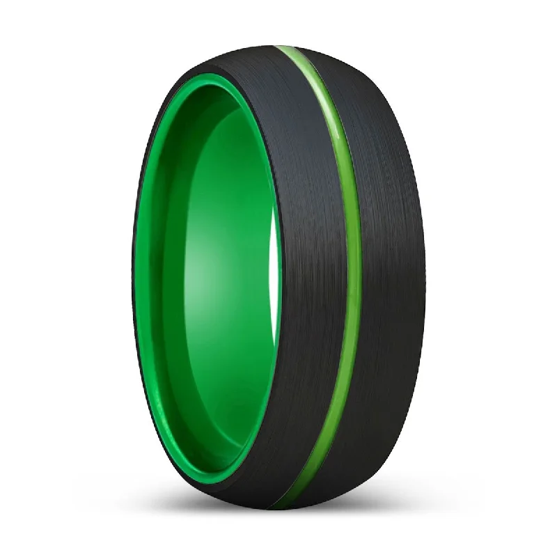 Women’s gold engagement ring-HURLEY | Green Ring, Black Tungsten Ring, Green Groove, Domed