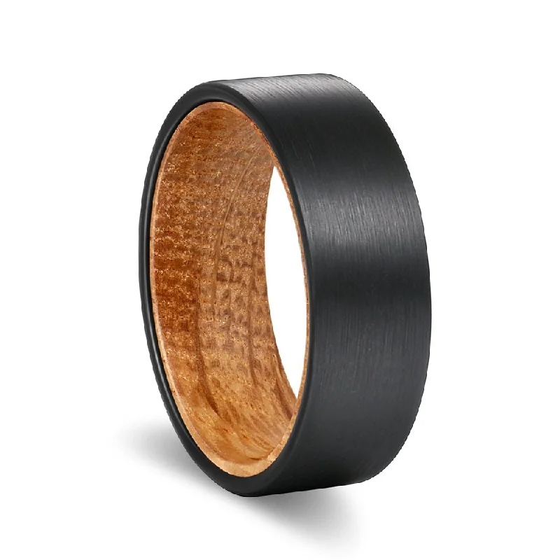 Women’s engagement rings with modern setting-CAMBUS | Whisky Barrel Wood, Black Flat Brushed Tungsten