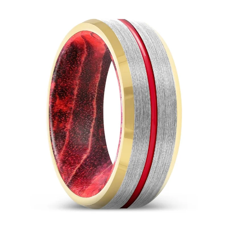 Women’s two-tone wedding ring-LUMBER | Black & Red Wood, Silver Tungsten Ring, Red Groove, Gold Beveled Edge