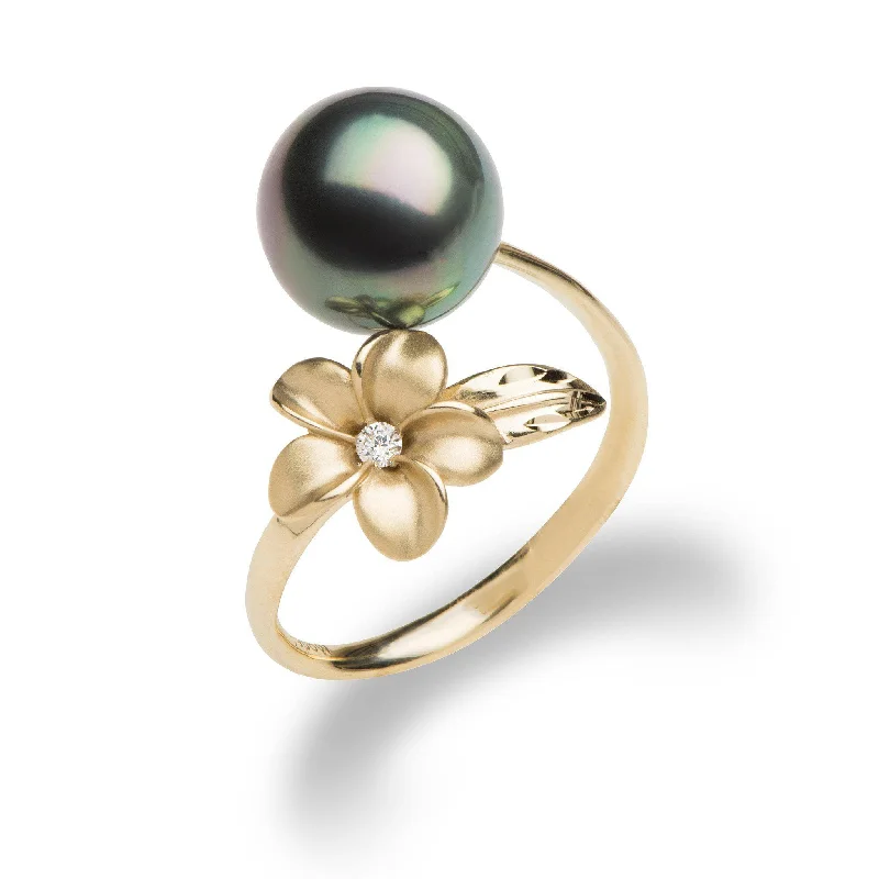 Women’s engagement rings for brides-Plumeria Tahitian Black Pearl Ring in Gold with Diamond - 9mm